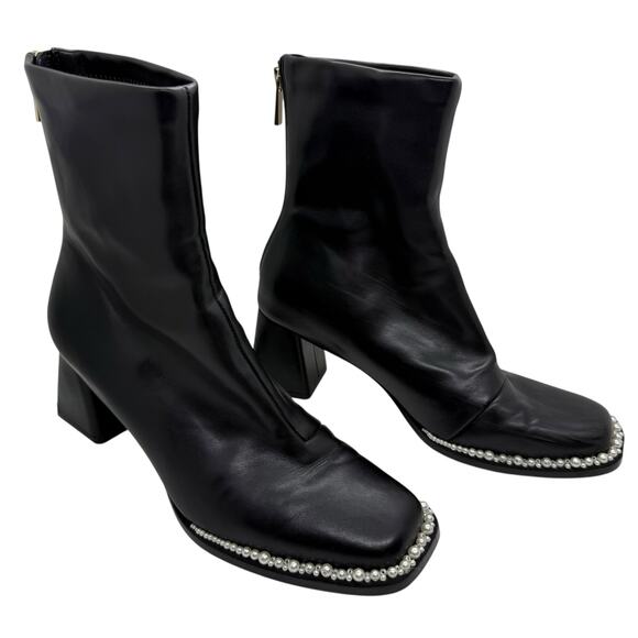 Randa Leather Black Block Heel Square Toe Boots with Pearl Trim size M / US 7 - Picture 1 of 7
